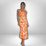 Enni - Asymmetrical Neckline Floral Print Midi Dress with Fishtail Hem