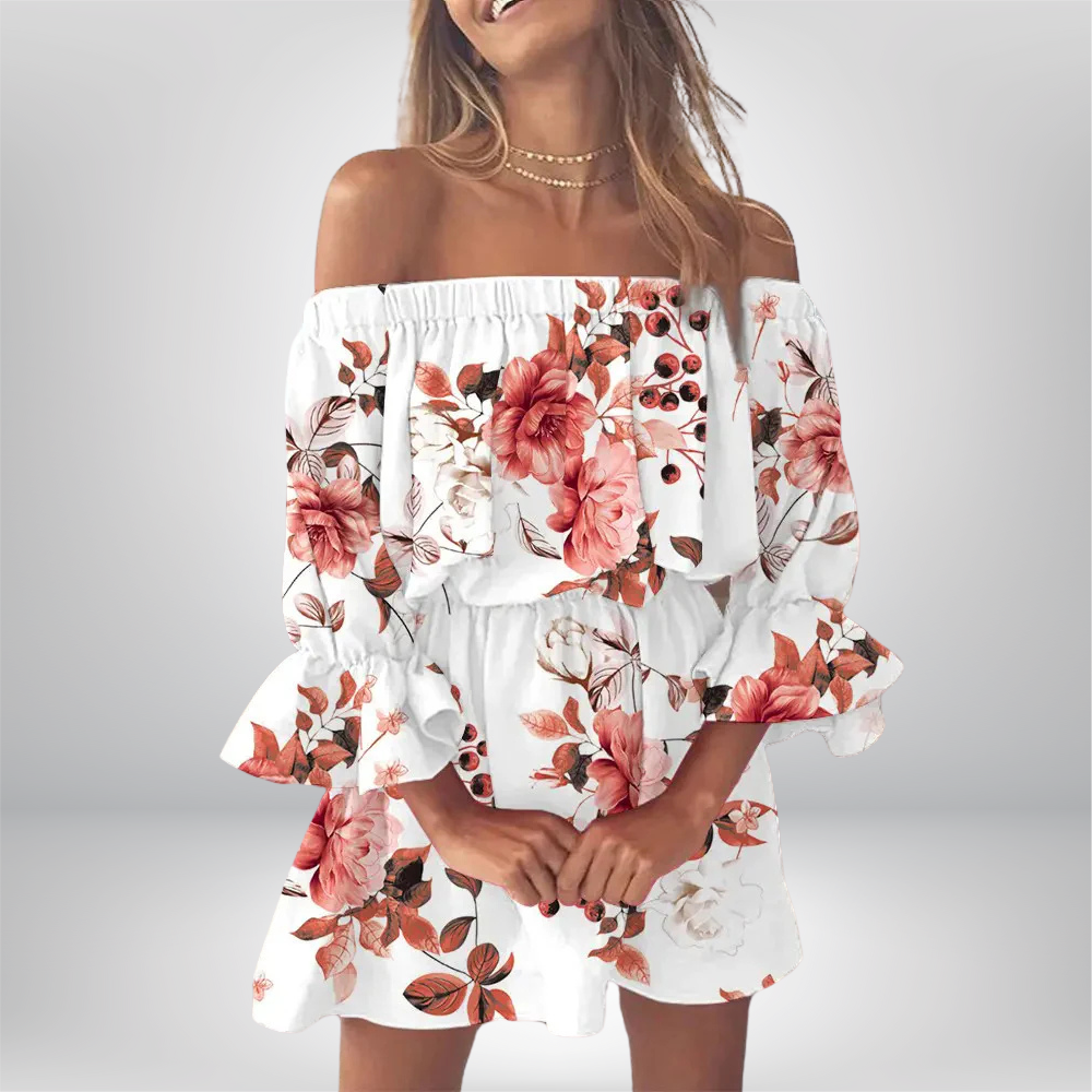 Elisa - Off-the-shoulder dress with boho leaf print