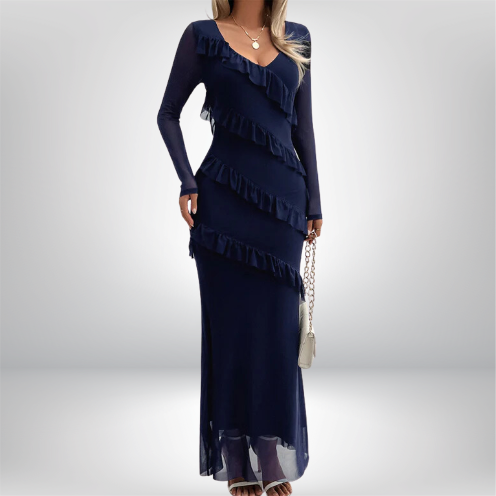 Aira - V-Neck Maxi Dress with Ruffle Detail Long Sleeve