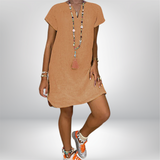 Jeniffer - V-Neck Linen Dress with Rolled Sleeves and Curved Hem