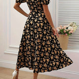 Neema - Floral puff sleeves with slit dress