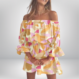 Elisa - Off-the-shoulder dress with boho leaf print