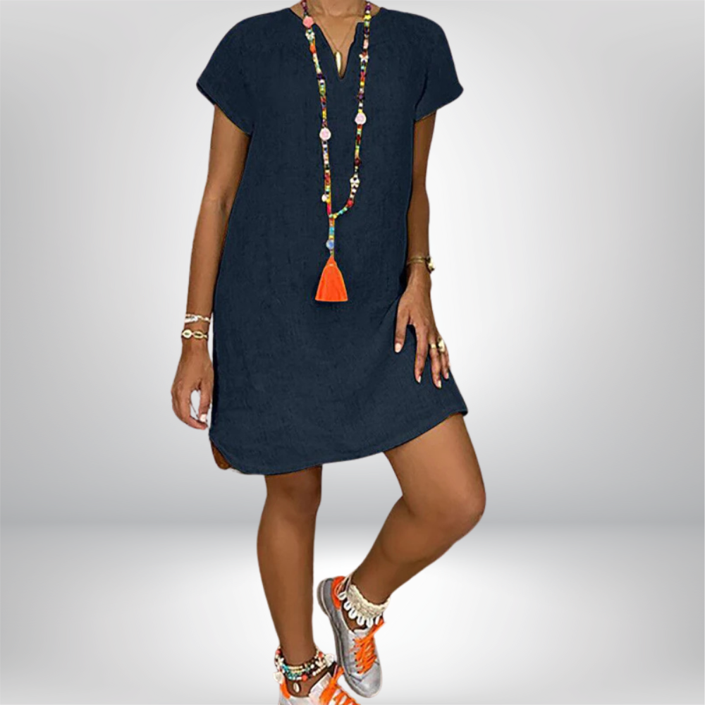 Jeniffer - V-Neck Linen Dress with Rolled Sleeves and Curved Hem