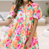 Nina - Floral Print Babydoll Dress with Puff Sleeves and Buttoned Front