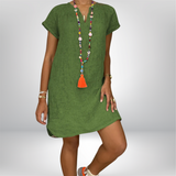 Jeniffer - V-Neck Linen Dress with Rolled Sleeves and Curved Hem