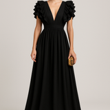 Scarlet Cascade – Ruffle Shoulder Maxi Dress