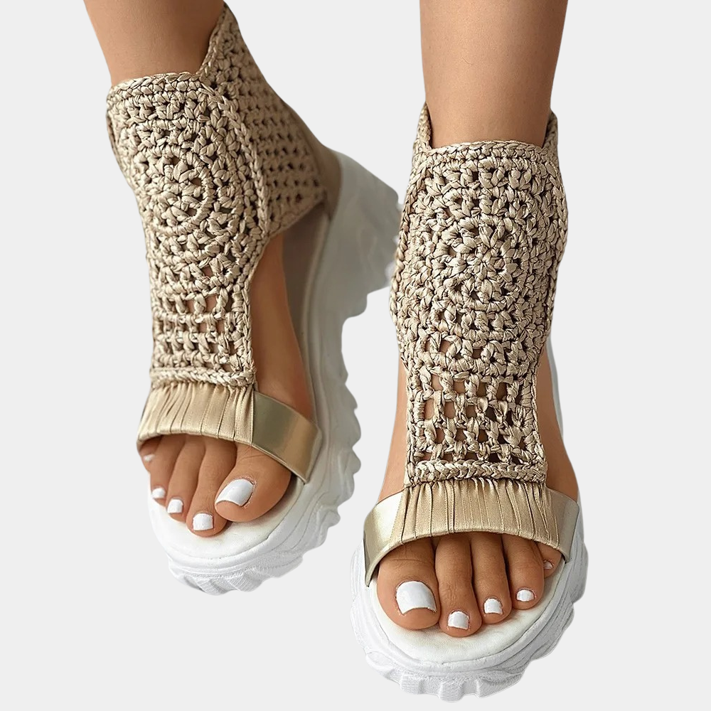 Women’s Stylish Braided Wedge Sandals – Knitted Elastic Upper, Geometric Pattern – Ideal for Summer Outings and Casual Wear, Available in Multiple Colors