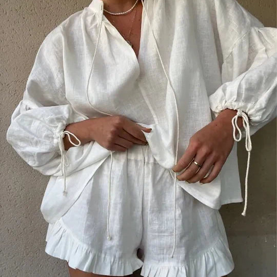 Coastal Charm Ruffle Linen Set – Effortless Two-Piece Summer Ensemble