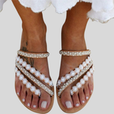 Women's Stylish Leather Slippers – White, Bohemian Design with Beaded Lace and Rhinestones, Breathable and Lightweight – Ideal for Summer Outings