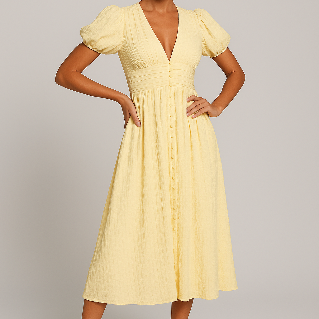 Elegant Puff Sleeve Button-Front Midi Dress