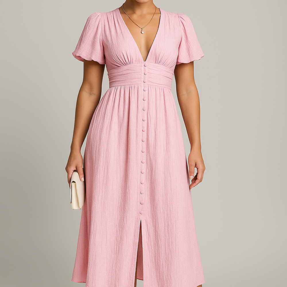 Elegant Puff Sleeve Button-Front Midi Dress