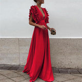 Scarlet Cascade – Ruffle Shoulder Maxi Dress