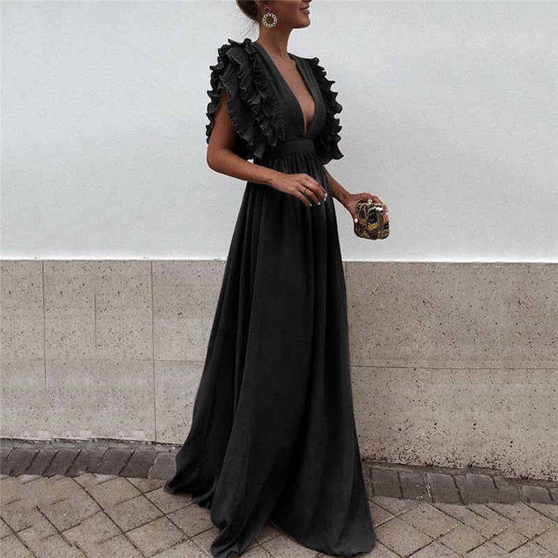 Scarlet Cascade – Ruffle Shoulder Maxi Dress