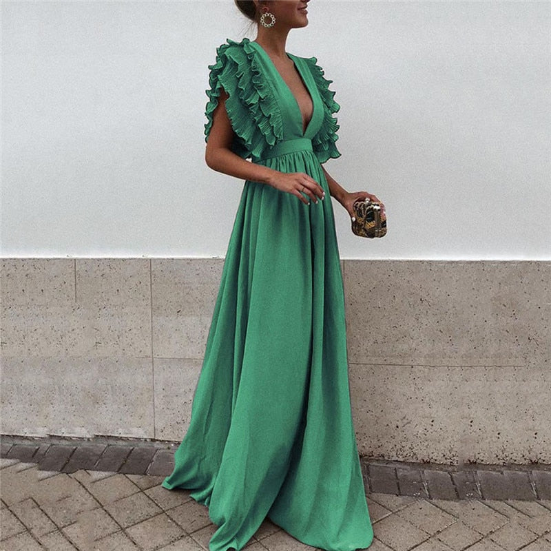 Scarlet Cascade – Ruffle Shoulder Maxi Dress