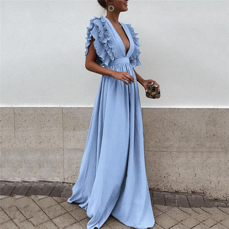 Scarlet Cascade – Ruffle Shoulder Maxi Dress