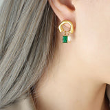 Neva - Geometric emerald earrings with pearl detail