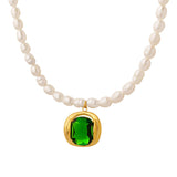 Noor - Elegant pearl necklace with green zircon pendant