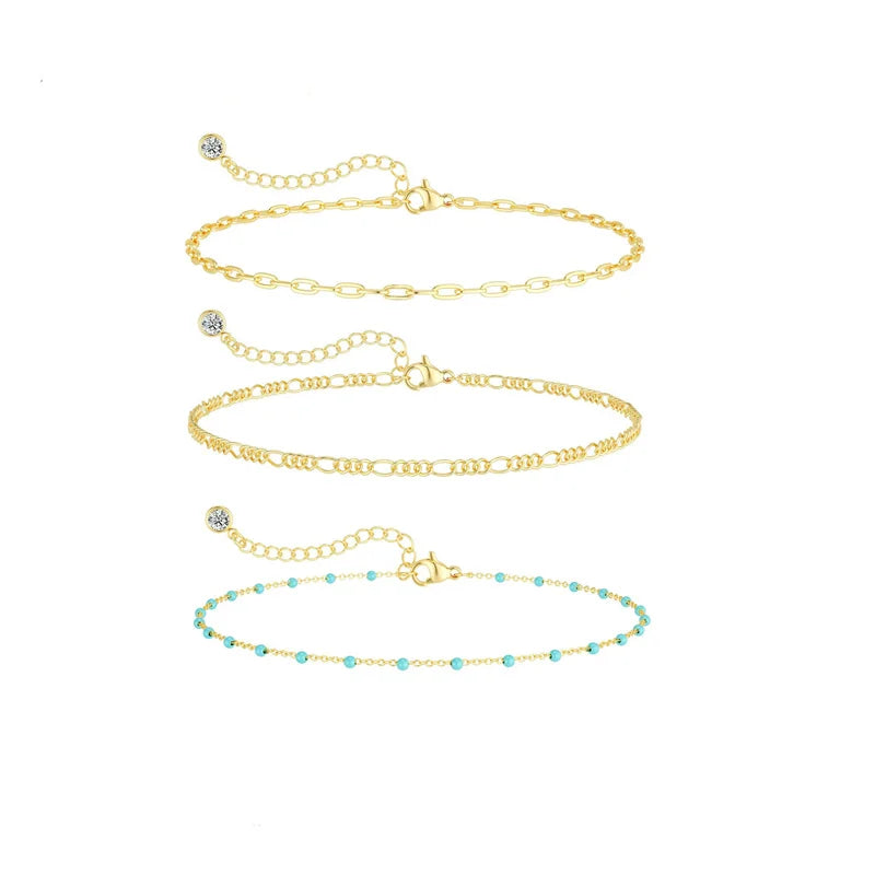 Trendy Turquoise Multilayer Chain Anklets For Women Vintage Gold Silver Color Stackable Anklet