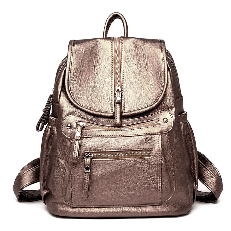 Retro Style Leather Backpack with Multiple Pockets