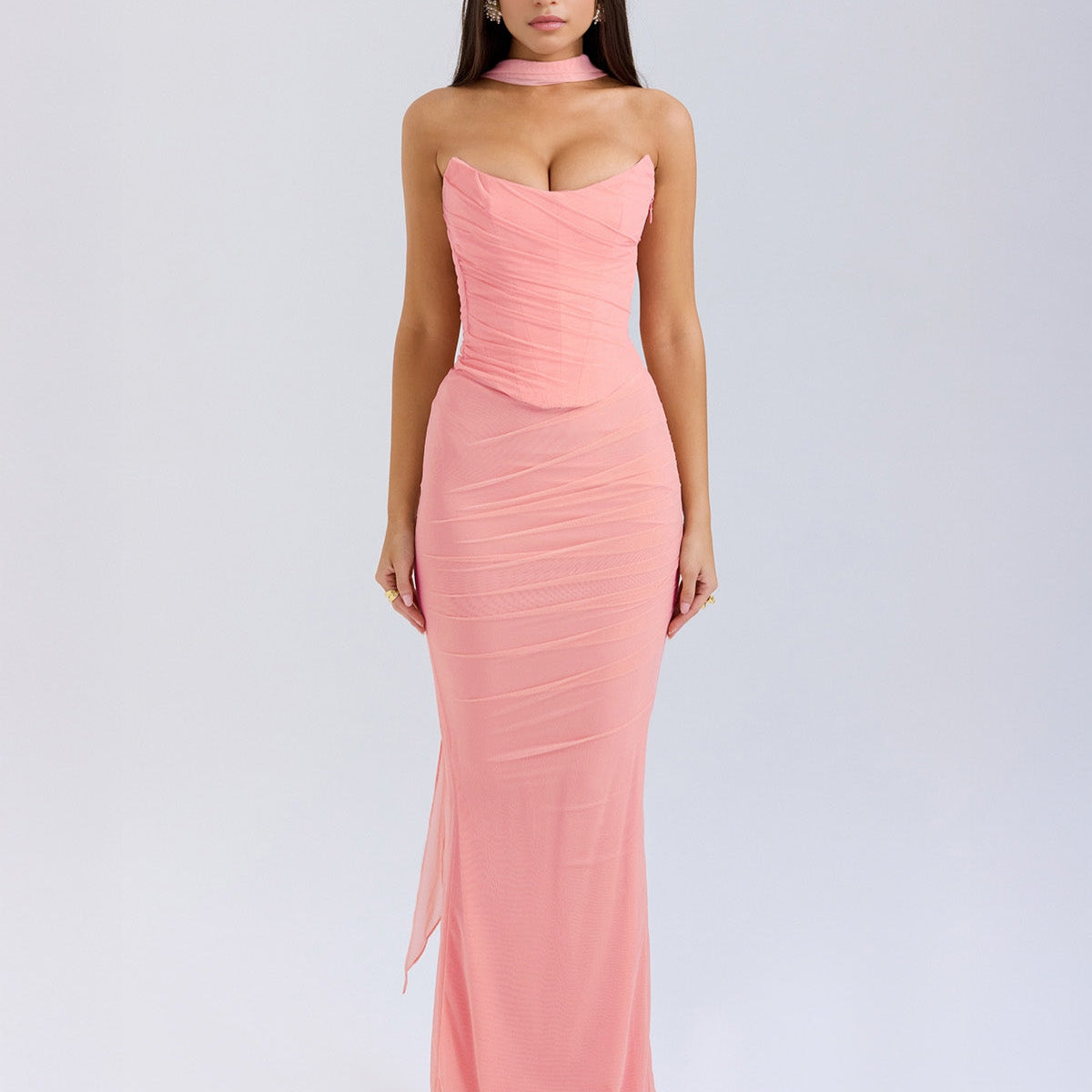 Strapless Draped Mesh Maxi Dress – Bodycon Fit with Scarf Detail