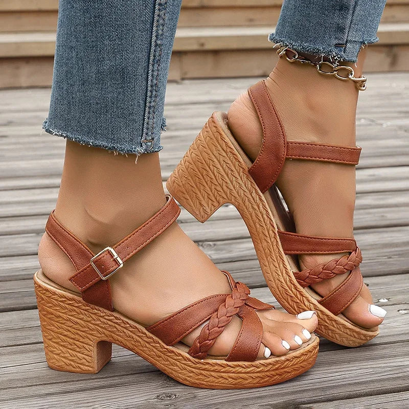 Women’s Chunky Heel Sandals – Braided Strap Ankle Buckle Open Toe