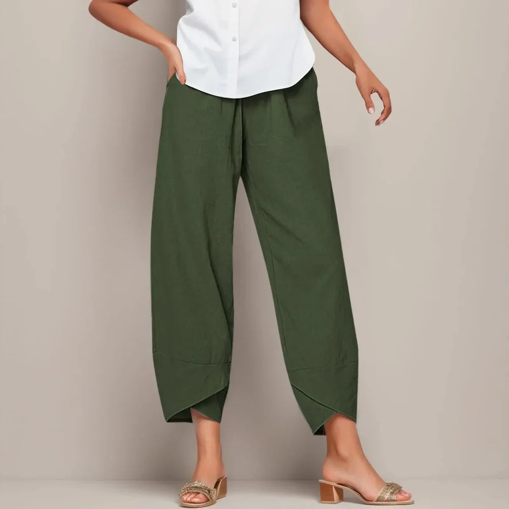 Women’s Cropped Linen Trousers – Relaxed Fit Drawstring Ankle Pants