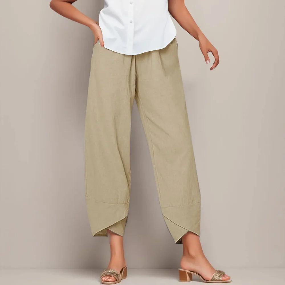 Women’s Cropped Linen Trousers – Relaxed Fit Drawstring Ankle Pants