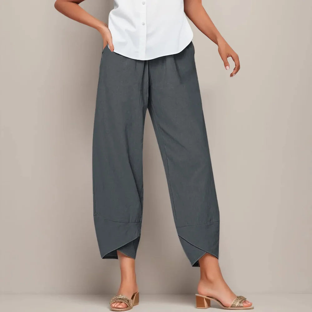 Women’s Cropped Linen Trousers – Relaxed Fit Drawstring Ankle Pants