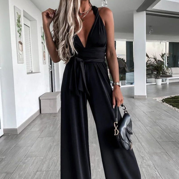 Women’s Cross-Back Wide-Leg Jumpsuit – Sleeveless Wrap Front Belted Design