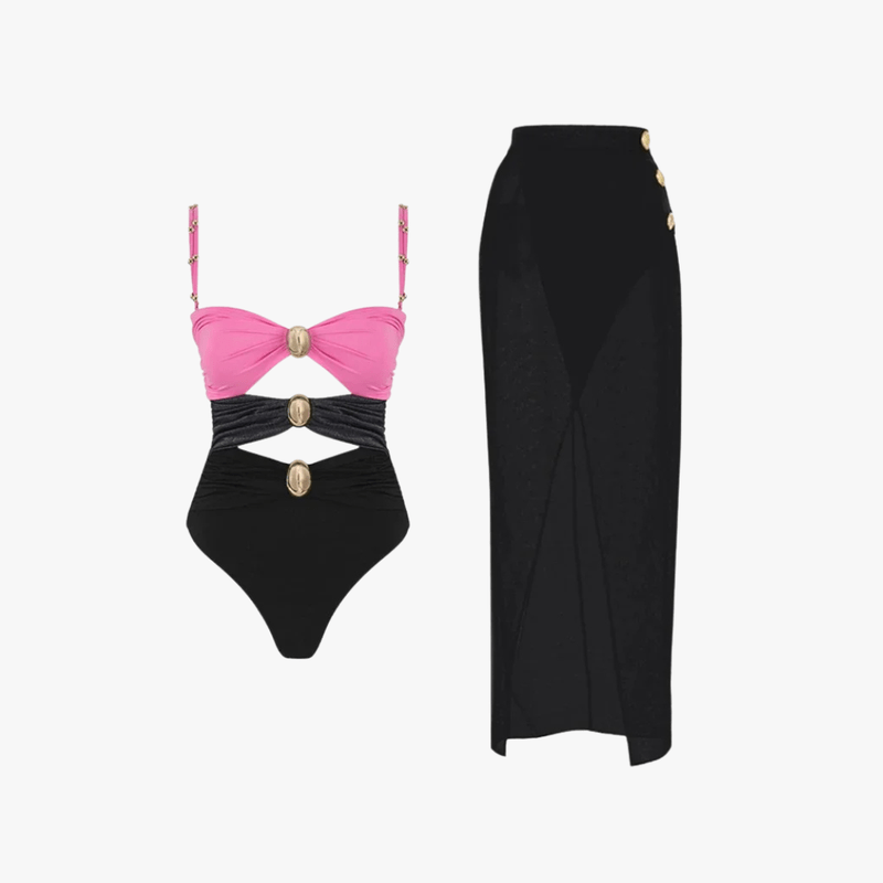 Women’s Cutout Swimsuit with High-Waist Cover-Up Skirt