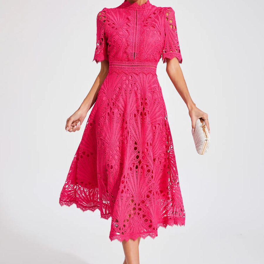 Women’s Elegant Lace Midi Dress – High Neck, Short Sleeve A-Line Cocktail Dress
