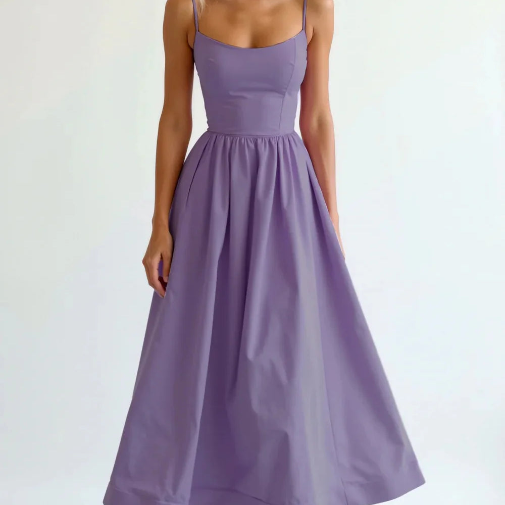 Women’s Elegant Spaghetti Strap Midi Dress – Flared Pleated A-Line Summer Dress