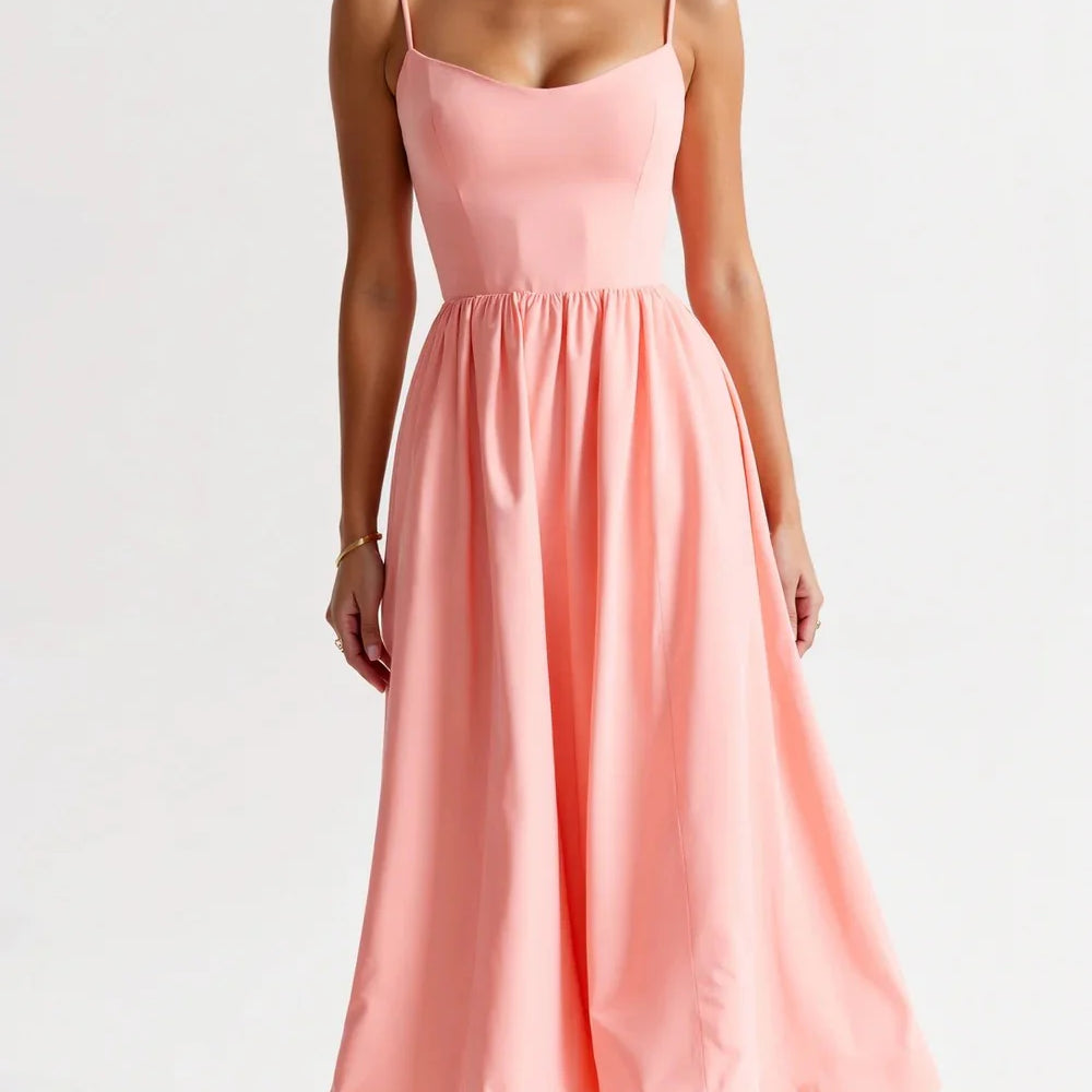 Women’s Elegant Spaghetti Strap Midi Dress – Flared Pleated A-Line Summer Dress