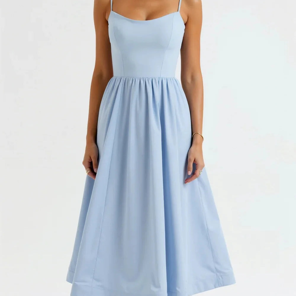 Women’s Elegant Spaghetti Strap Midi Dress – Flared Pleated A-Line Summer Dress