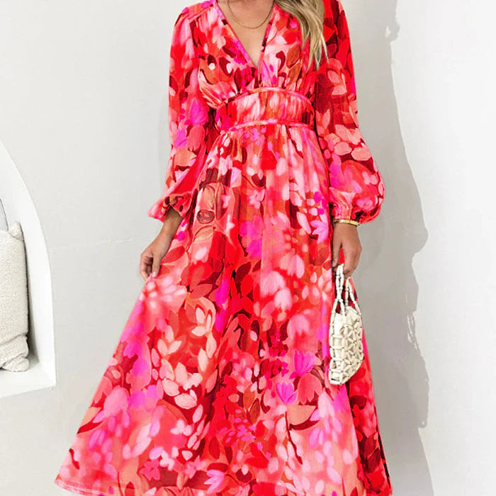 Women’s Floral Chiffon Maxi Dress – Elegant V-Neck Flowing Long Dress with Belt