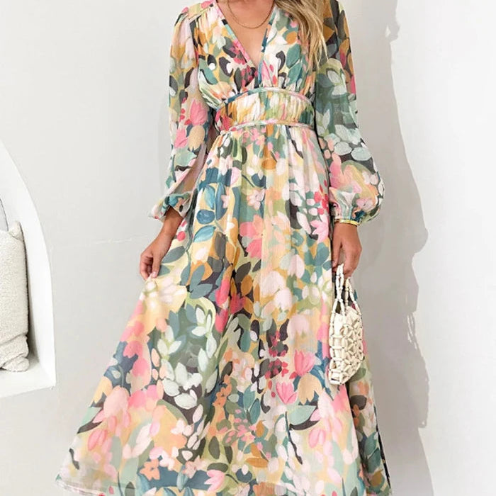 Women’s Floral Chiffon Maxi Dress – Elegant V-Neck Flowing Long Dress with Belt