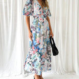 Women’s Floral Chiffon Maxi Dress – Elegant V-Neck Flowing Long Dress with Belt