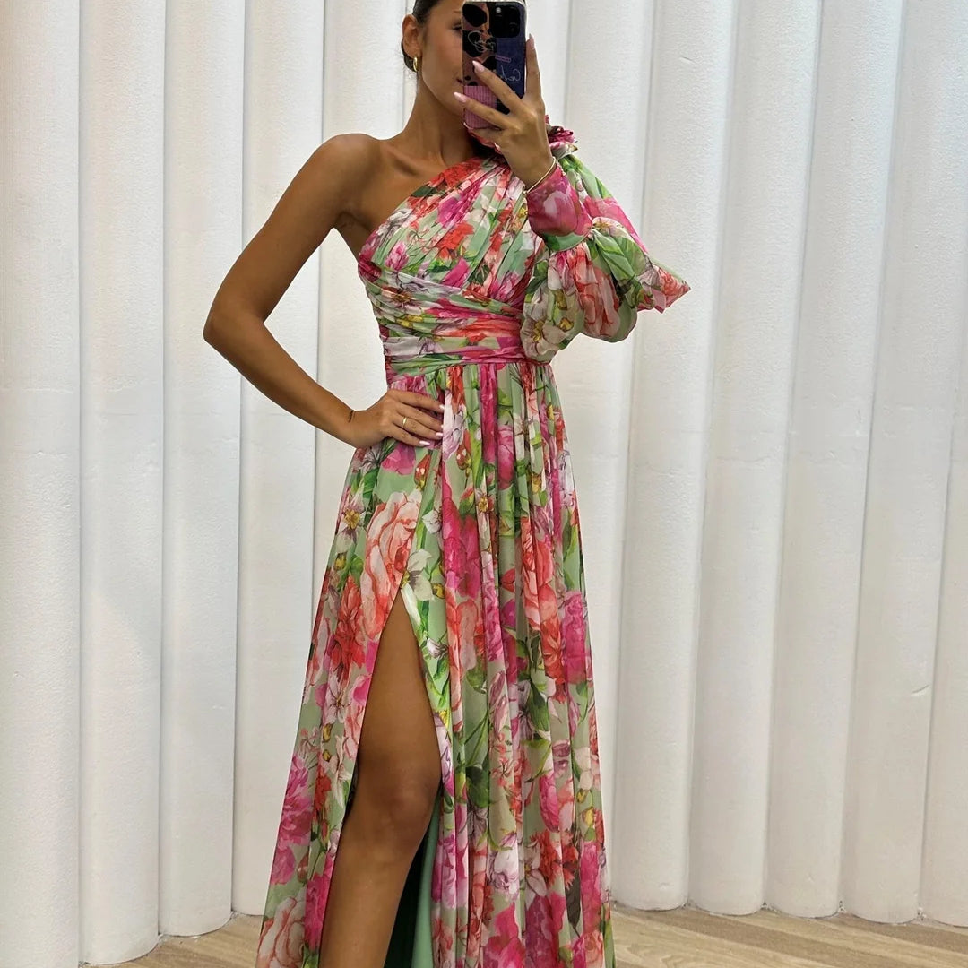 Women’s Floral Chiffon Maxi Dress – One-Shoulder Puff Sleeve
