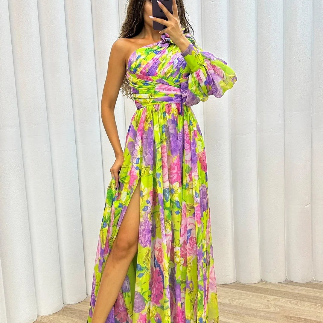 Women’s Floral Chiffon Maxi Dress – One-Shoulder Puff Sleeve