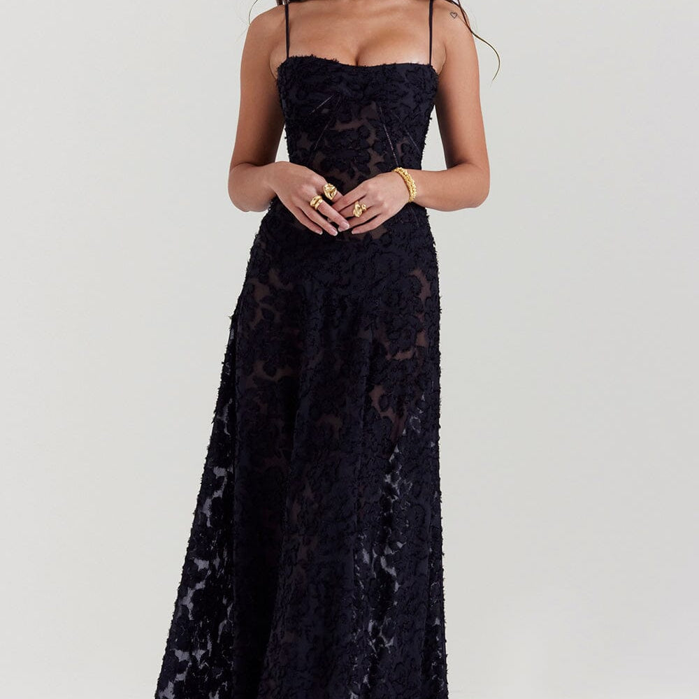 Women’s Floral Lace-Up Maxi Dress – Sheer Textured Embroidered Gown