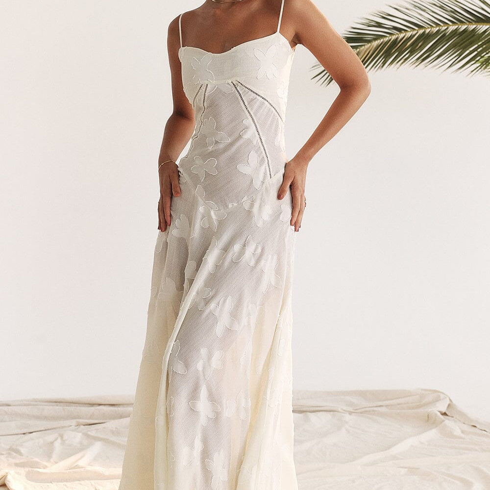 Women’s Floral Lace-Up Maxi Dress – Sheer Textured Embroidered Gown