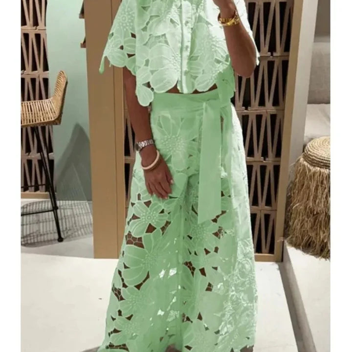 Women’s Floral Lace Two-Piece Set – Cut-Out Shirt & Palazzo Pants