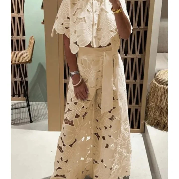 Women’s Floral Lace Two-Piece Set – Cut-Out Shirt & Palazzo Pants
