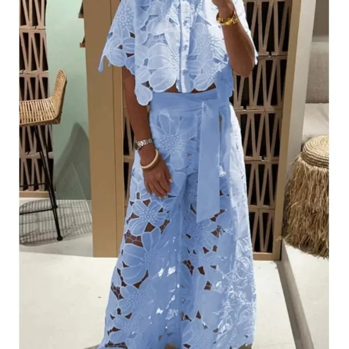 Women’s Floral Lace Two-Piece Set – Cut-Out Shirt & Palazzo Pants