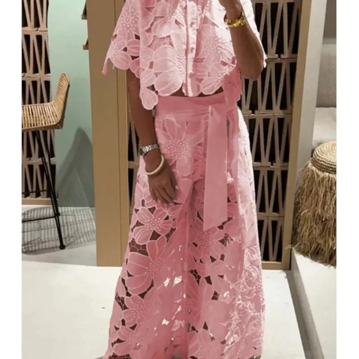 Women’s Floral Lace Two-Piece Set – Cut-Out Shirt & Palazzo Pants