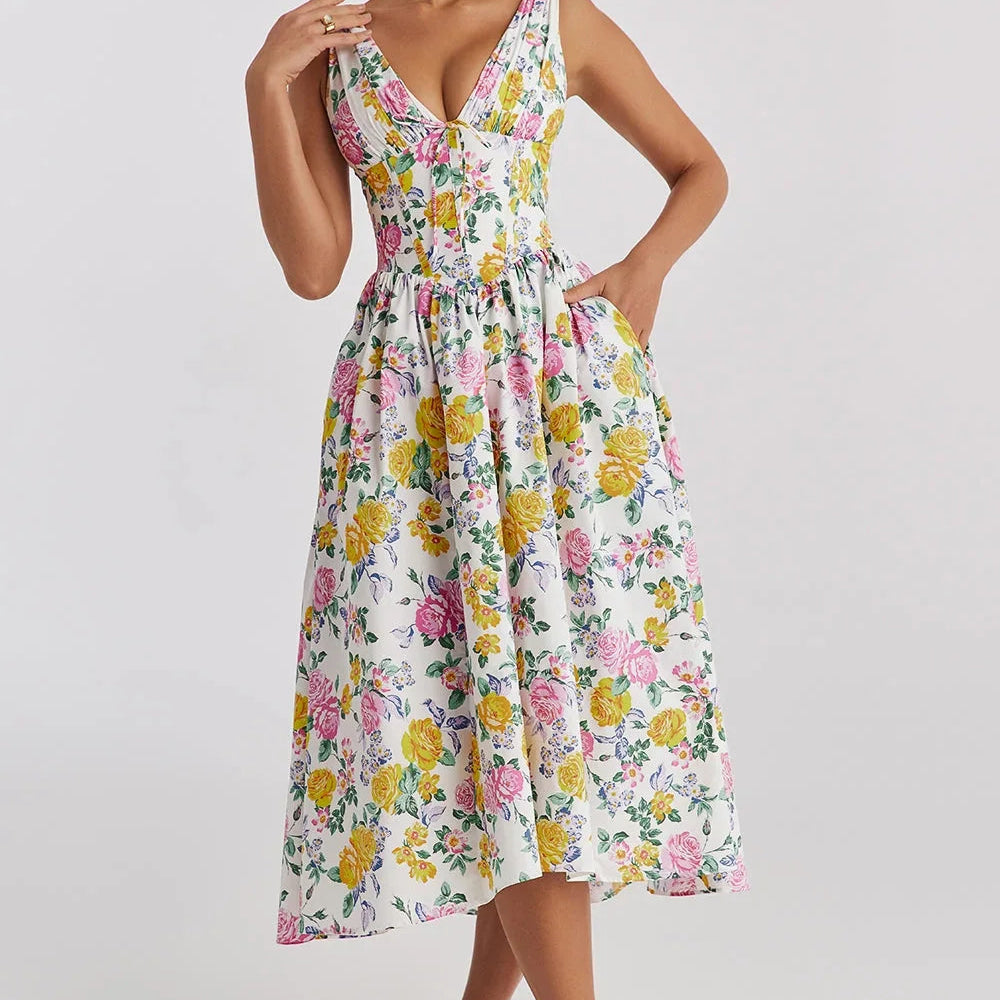 Women’s Floral Midi Dress – V-Neckline Corset Style with Pockets