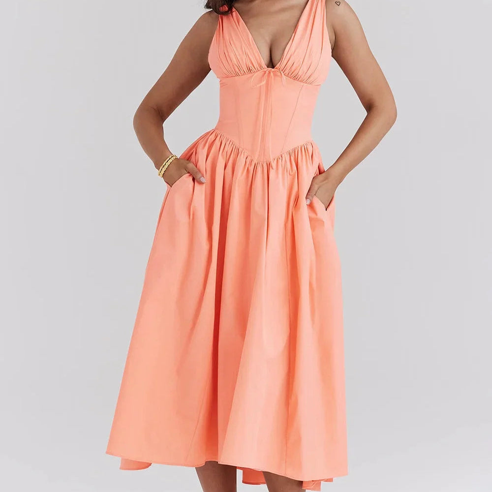 Women’s Floral Midi Dress – V-Neckline Corset Style with Pockets