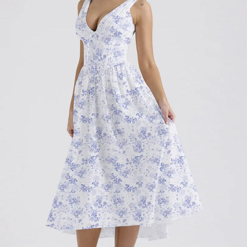 Women’s Floral Midi Dress – V-Neckline Corset Style with Pockets