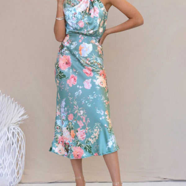 Women’s Floral Satin Halter Neck Midi Dress – Elegant Sleeveless Cocktail Dress