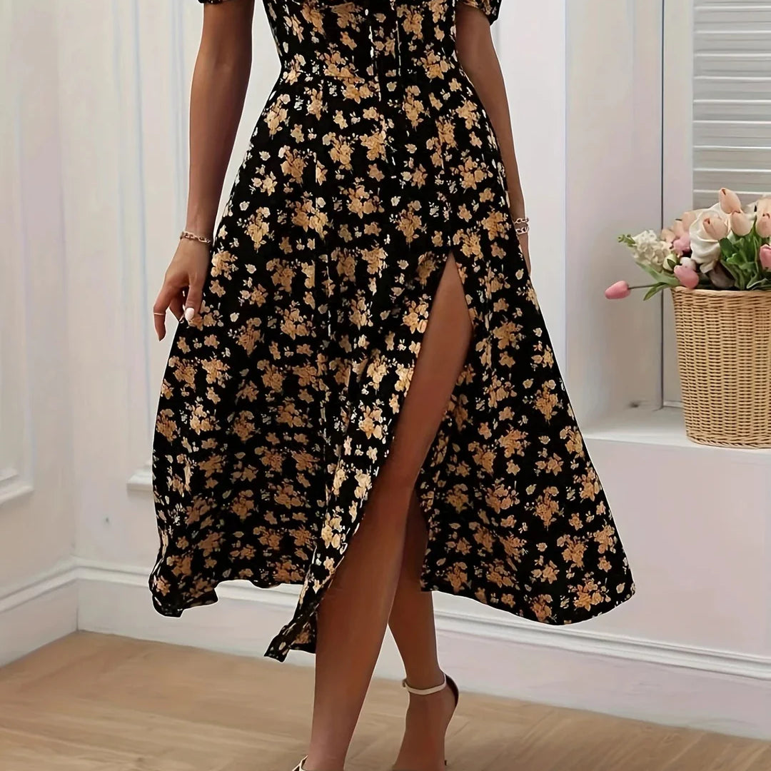 Women’s Floral Sweetheart Midi Dress – Puff Sleeve Slit Summer Dress